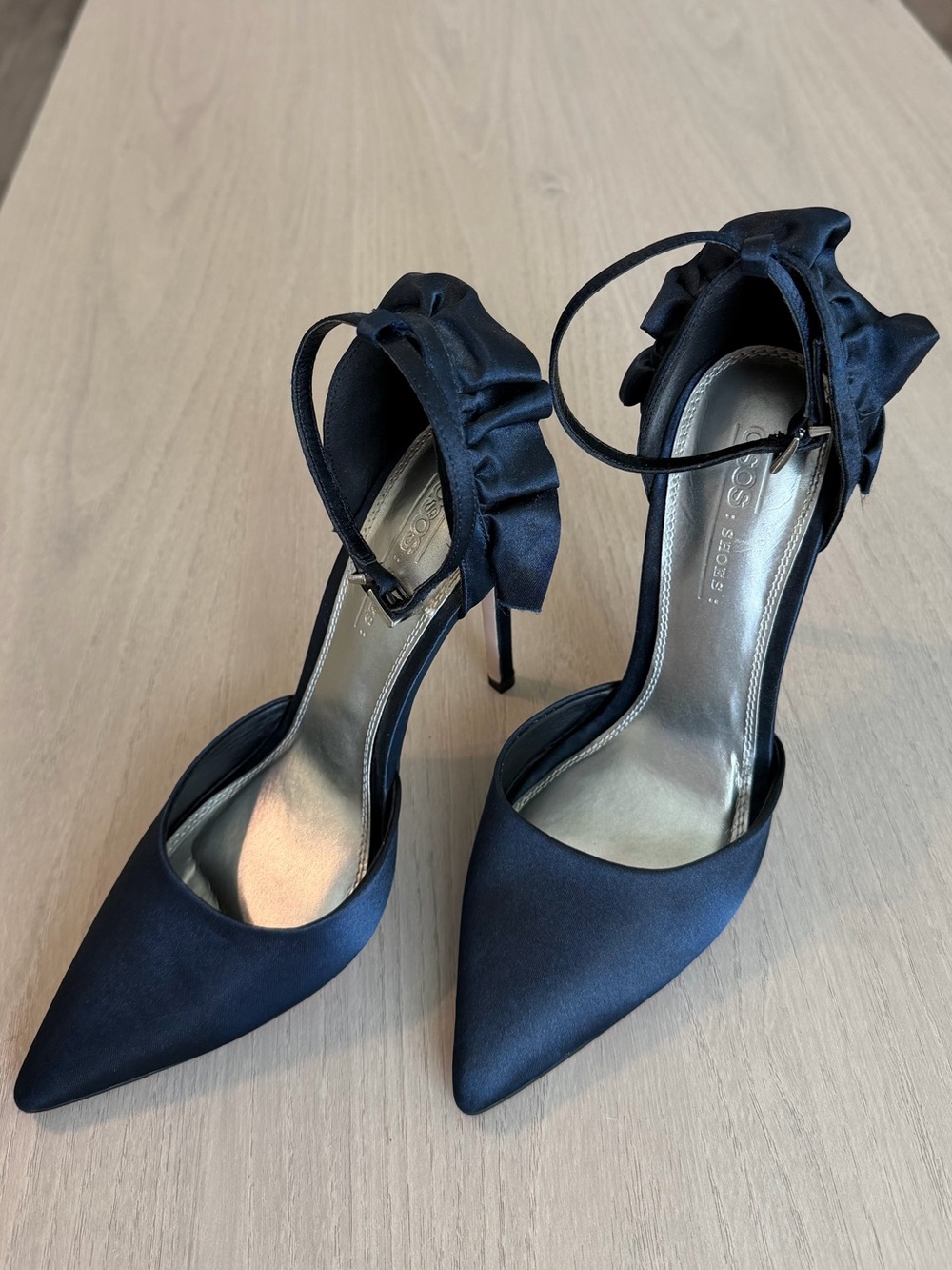 ASOS Navy Satin Pointed-Toe Ankle-Strap Heels with Ruffle Detail - Picture 6 of 8